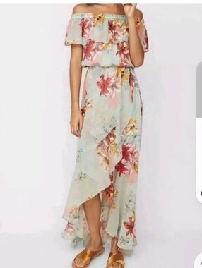Express Off-Shoulder Floral Maxi Dress in Mint and Coral.  Size L